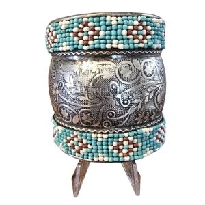 Bohemian Silvertone & Beaded Cuff Braclet In EUC